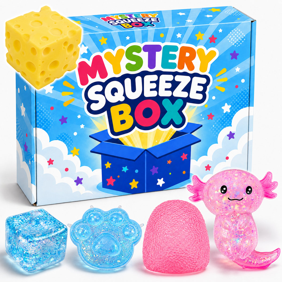 5Pcs Squishies Toys Kit with Gift Box, Cute Squishies and Squeeze Fidget Toys, Soft Durable Sensory Stretchy Toy, Anxiety Stress Relief Toy for Adults, Party Favors Birthday Gifts (Random Color)