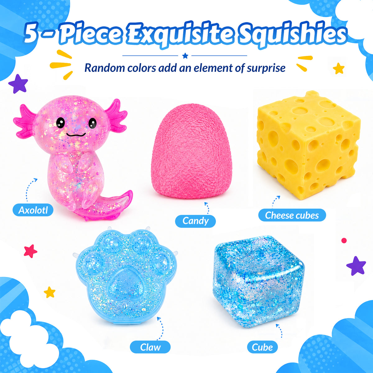 5Pcs Squishies Toys Kit with Gift Box, Cute Squishies and Squeeze Fidget Toys, Soft Durable Sensory Stretchy Toy, Anxiety Stress Relief Toy for Adults, Party Favors Birthday Gifts (Random Color)