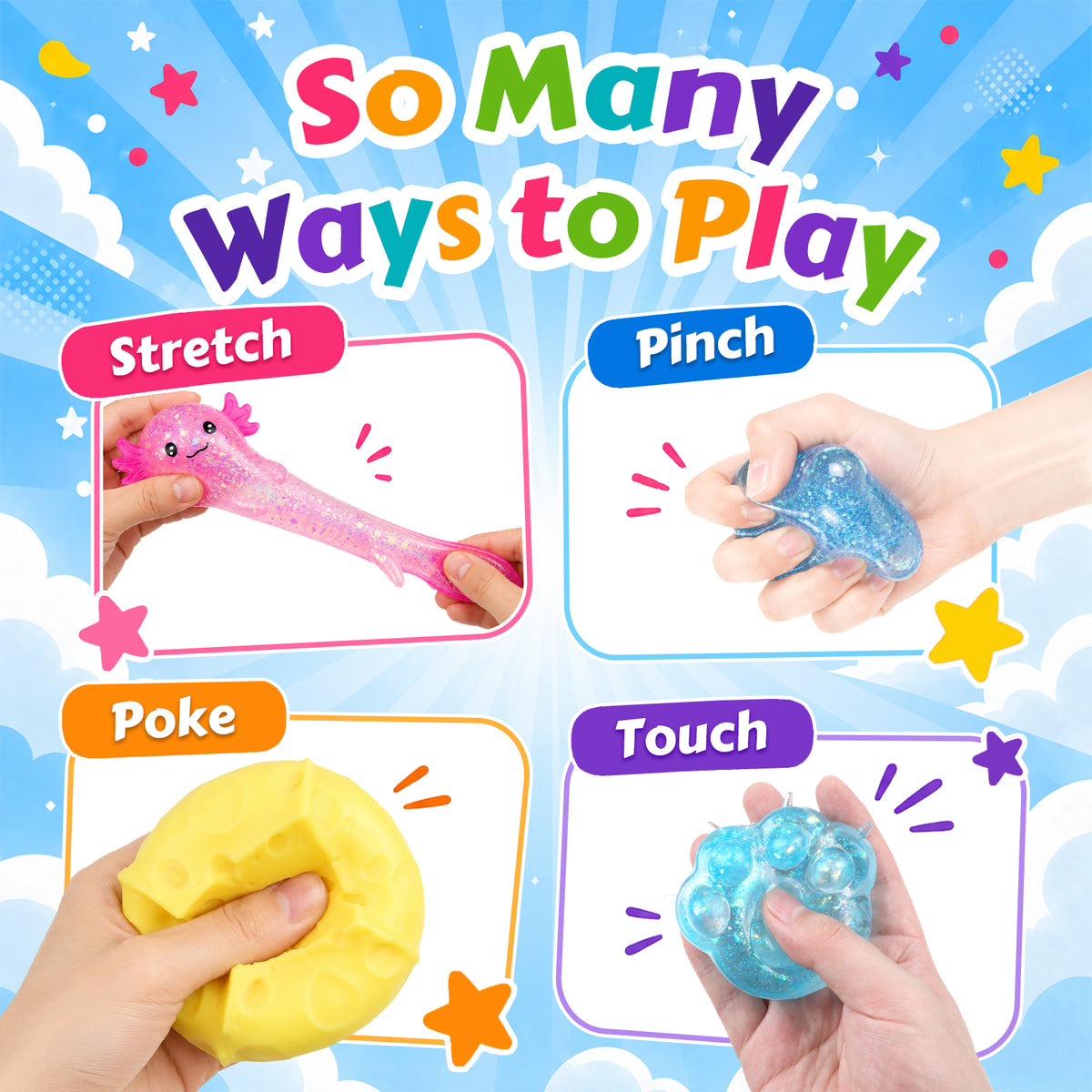 5Pcs Squishies Toys Kit with Gift Box, Cute Squishies and Squeeze Fidget Toys, Soft Durable Sensory Stretchy Toy, Anxiety Stress Relief Toy for Adults, Party Favors Birthday Gifts (Random Color)