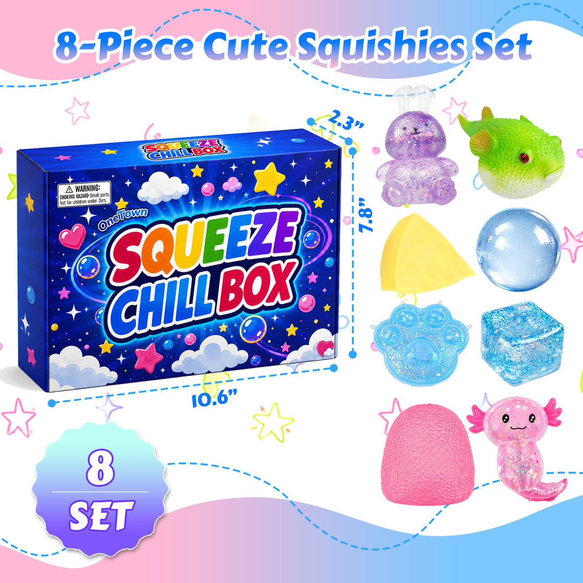 8Pcs Squishies Toys Kit with Gift Box, Cute Axolotl, Cat Paw & Cheese Squishies, Slow - Rebound Sensory Fidget Toys, Soft Squeeze Stress Relief Toy for Adults, Party Favors & Gifts (Random Color)