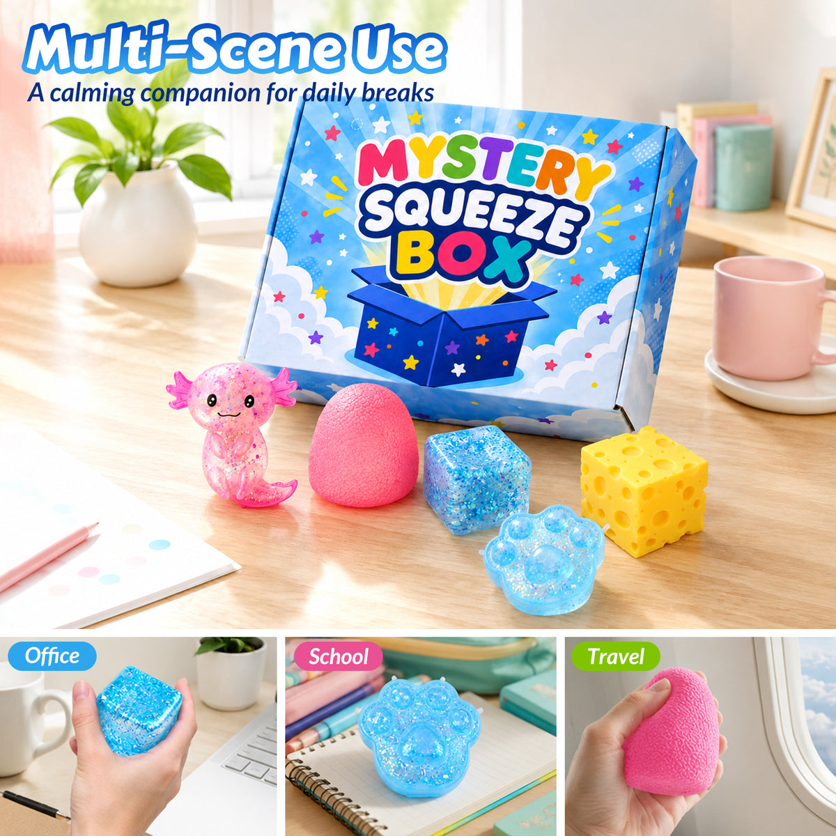5Pcs Squishies Toys Kit with Gift Box, Cute Squishies and Squeeze Fidget Toys, Soft Durable Sensory Stretchy Toy, Anxiety Stress Relief Toy for Adults, Party Favors Birthday Gifts (Random Color)